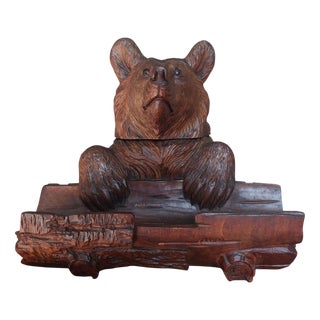 Antique Carved Wooden Inkwell with Glass Insert by Bear Brienz, 1880s-1910s For Sale