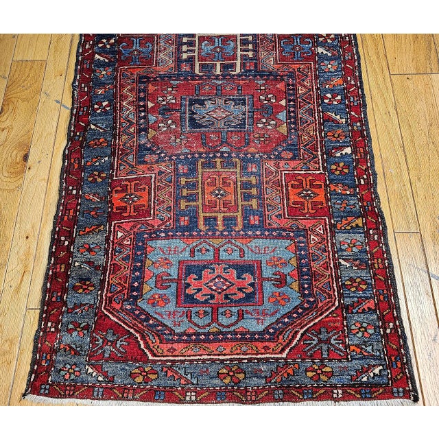 Antique Northwest Persian Runner Rug, Hand-Knotted Wool, Geometric Medallions Pattern, 3x10, Blue & Red For Sale - Image 10 of 15
