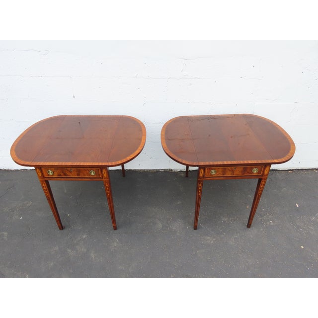Wellington Hall Mahogany Inlay Drop Leaf Mahogany Side End Tables a Pair 6567 For Sale - Image 17 of 17