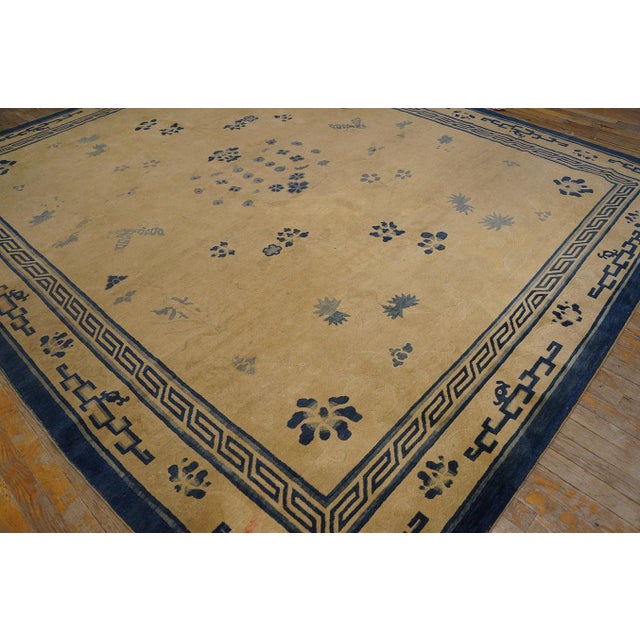 Textile 1900s Beige Open Field & Blue Border Foliate Pattern Antique Chinese Peking Rug For Sale - Image 7 of 11
