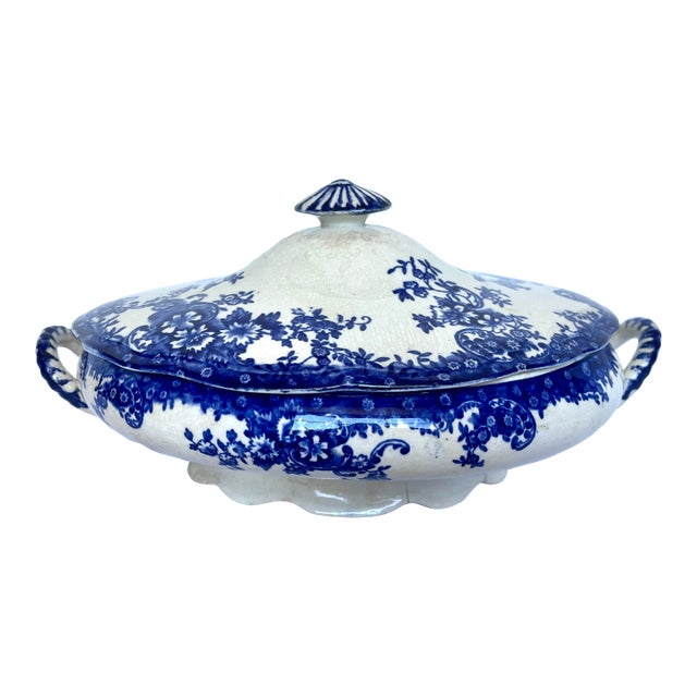 19th Century J. & G. Meakin Dresden Blue & White Ironstone Tureen For Sale