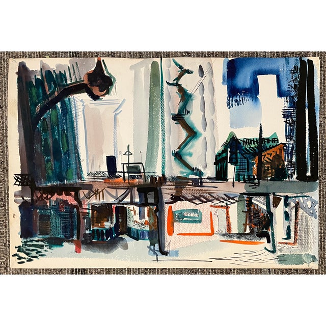 Mid-Century Modern 1951 Robert Colborne New York Elevated Train Watercolor For Sale - Image 3 of 4