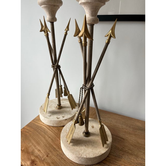Mid 20th Century French Arrow & Tassel Lamps on Travertine Bases With Original Fabric Shades-a Pair For Sale In Houston - Image 6 of 12