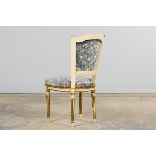 Blue Antique French Louis XVI Style Painted Side Chairs W/ Blue Velvet Damask – A Pair For Sale - Image 8 of 18