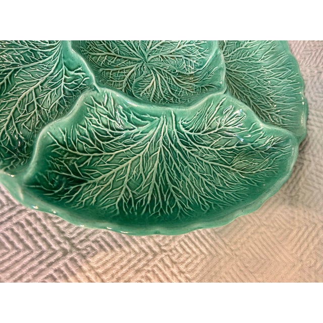 Pottery Craft USA Vintage Majolica Style Usa Calif Pottery Cabbage Leaf Divided Serving Dish For Sale - Image 4 of 9