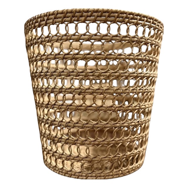 Danish Woven Rattan Waste Basket, 1960s For Sale