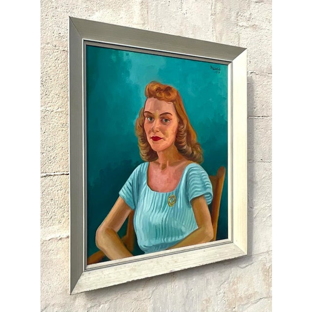1950s Vintage Boho 1952 Original Oil Portrait on Canvas For Sale - Image 5 of 10