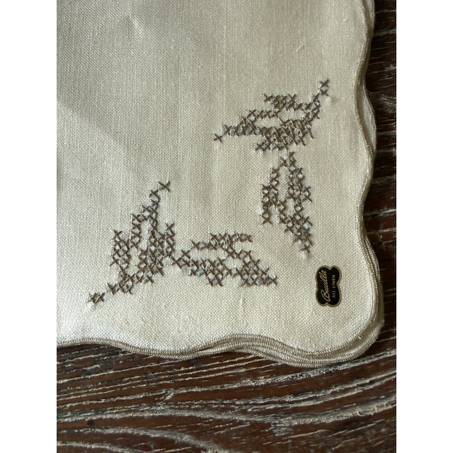 1950s Vintage Mid Century Modern Bucilla All Linen Luncheon Napkins, Drawn Thread Embroidery, Scalloped Edges - Set of Four For Sale - Image 5 of 10