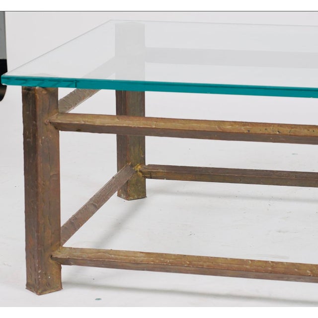 Mid 20th Century Hand-Hammered Solid Brass & Thick Glass Modernist Coffee Table in the Style of Paul Evans For Sale - Image 4 of 6