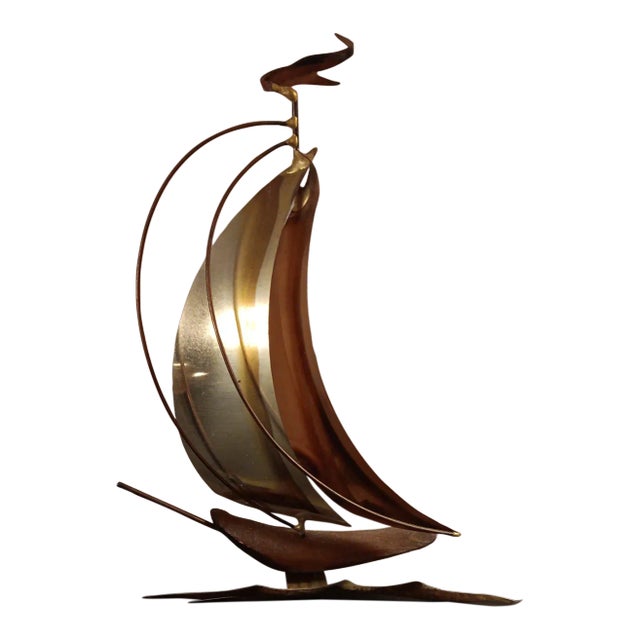 1980s Curtis Jere Style Brass & Copper Sail Ship 3D Model Figurine For Sale