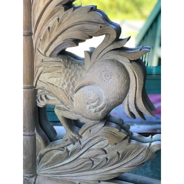Vintage Coastal Regency Wood Carved Palm Leaf And Phoenix Bird