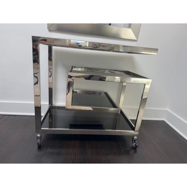 Milo Baughman Contemporary Single Greek Key Polished Steel Bar Cart For Sale - Image 4 of 12
