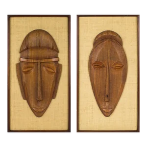 Mid-Century Carved Wood Relief Mask Wall Sculpture Panel, a pair, circa 1960