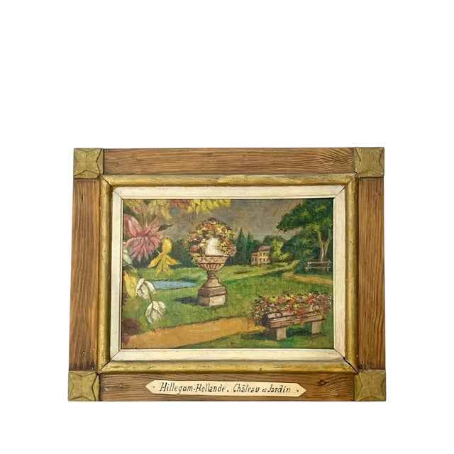 Antique French Chateau and Garden Landscape Painting Folk Art Frame Oil on Board For Sale - Image 10 of 15