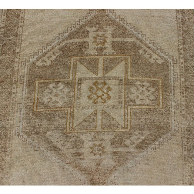 Textile Vintage Hand Knotted Oushak Gallery Runner With Three Medallion Design in Taupe, Light Brown For Sale - Image 7 of 12