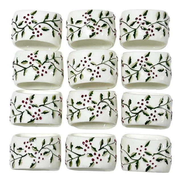 1970s Christmas Ceramic Napkin Rings - Holly & Berry Bone China - A Set of 12 For Sale