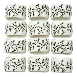 Vintage Holly & Berry Ceramic Napkin Rings – Christmas Tabletop Decor, Set of 12 For Sale