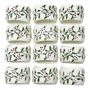 Vintage Holly & Berry Ceramic Napkin Rings – Christmas Tabletop Decor, Set of 12