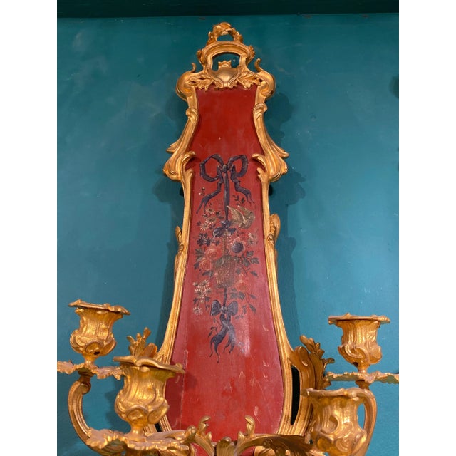 Louis XV Style Bronze-Mounted Verni Martin Painted Clock and Sconce Garniture - Set of 3 For Sale - Image 12 of 13