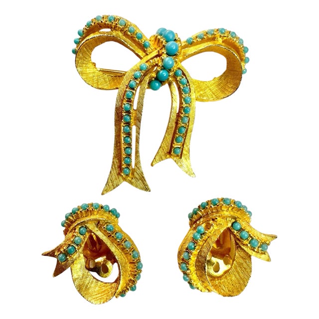 Vintage Jewelry Set by Ballet Jewels Gold Tone Faux Turquoise Brooch Earrings - 3 Pieces For Sale