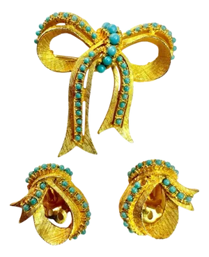 Vintage Jewelry Set by Ballet Jewels Gold Tone Faux Turquoise Brooch Earrings - 3 Pieces