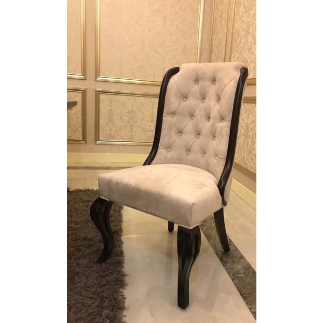 Contemporary Set of 6 Elegant Beige Tufted Dining Chairs With Sculptural Black Wood Frames For Sale - Image 3 of 3
