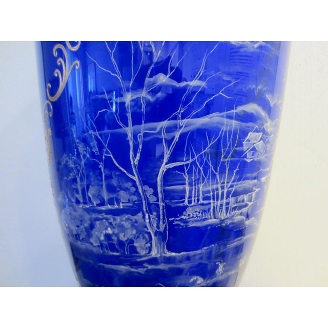 Twentieth century impressive large cobalt glass vase, attributed to Germany or France. exquisite snow painted, Scene....