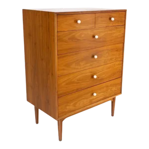 Mid Century 6 Drawers Walnut High Chest Dresser W/ Porcelain Ball Pulls