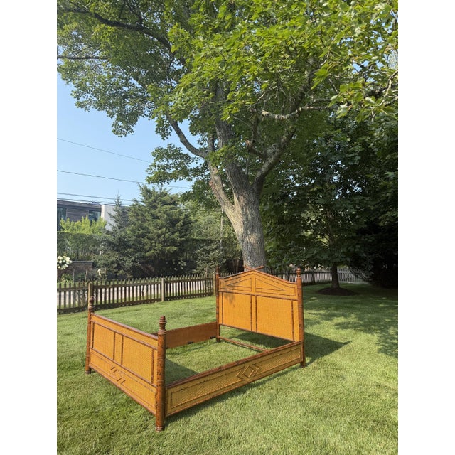 British Colonial Style Faux Bamboo and Rattan Queen Bed in Tortoise Finish For Sale In New York - Image 6 of 12