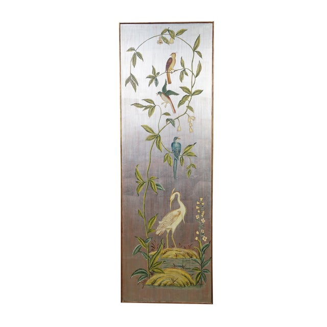 Chinoiserie 3 Chinoiserie Gold Silver Metallic Tropical Bird Crane Leaf Vine Hanging Panels 63" For Sale - Image 3 of 17