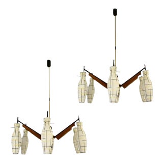 Stilnovo 1958 Italian Black White Glass Pair of 6-Light Teak Brass Chandeliers - a Pair For Sale