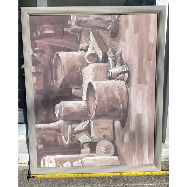 Mid Century Modern Style Framed Still Life Interior Study Monochromatic Oil on Board Painting For Sale - Image 9 of 12