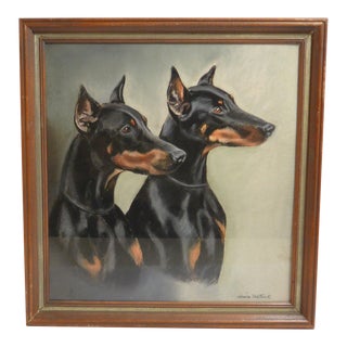 1940s Original Signed Pastel Portrait Drawing of Doberman Dogs, Framed For Sale