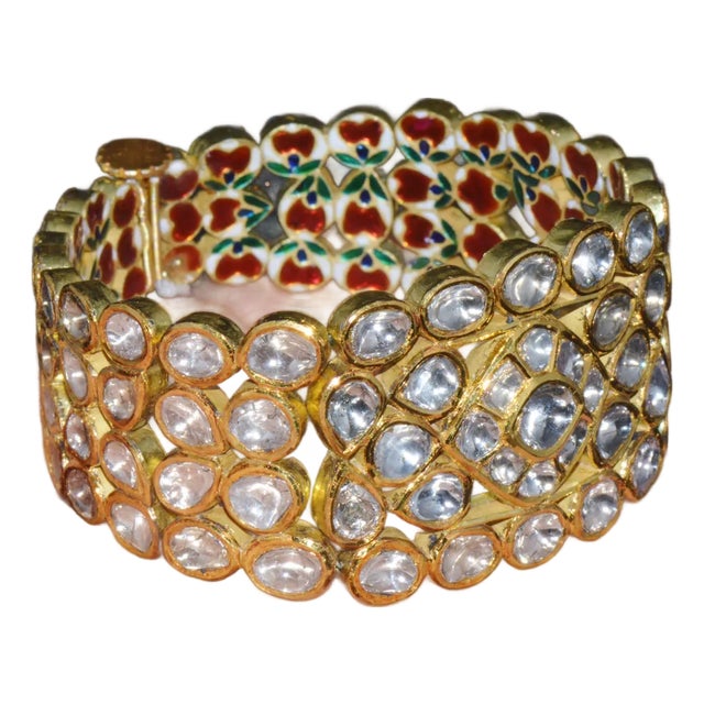 Estate 22K Solid Gold Natural Diamond Enamel Bangles Bracelets For Sale