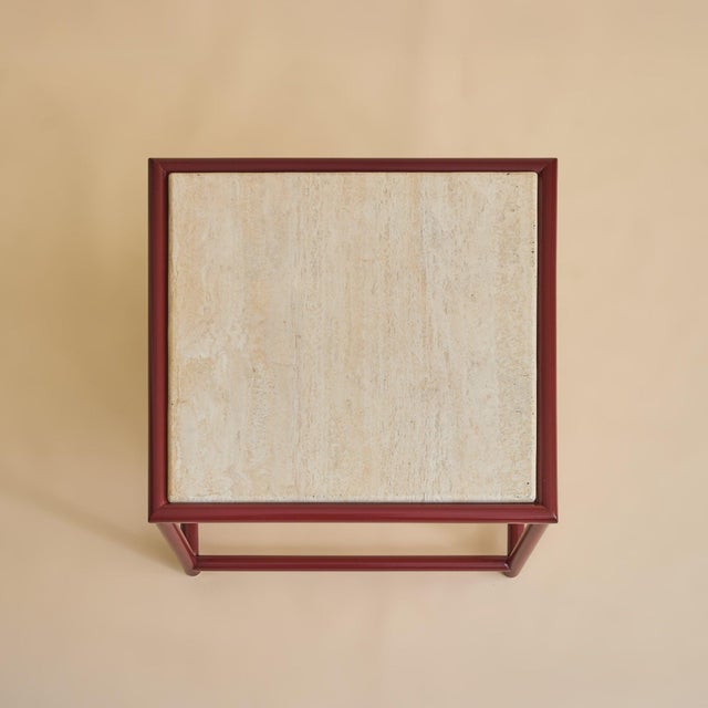 Italian Red Lacquered Wood + Travertine Coffee Table, 1970s For Sale - Image 4 of 12