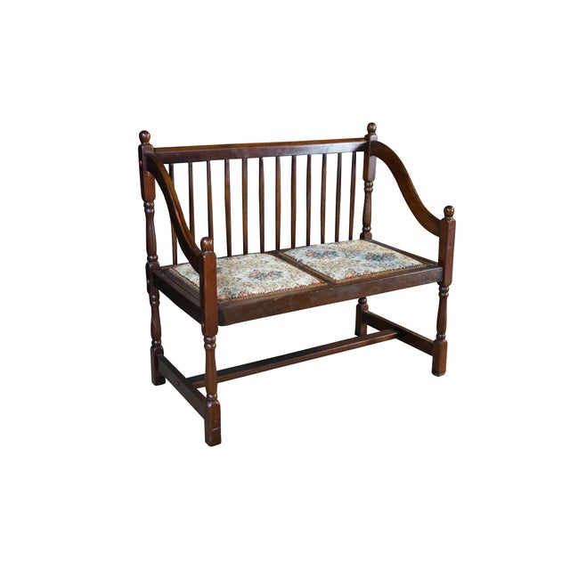 Farmhouse Vintage American Country Farmhouse Mahogany Settee Bench Needlepoint Seat For Sale - Image 3 of 17