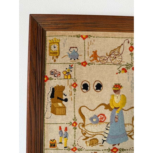 Vintage Framed Needlepoint Textile Wall Art With Whimsical Domestic Scene For Sale In Miami - Image 6 of 11