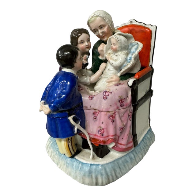 Antique Staffordshire Porcelain Figural Inkwell of a Grandmother With Children For Sale