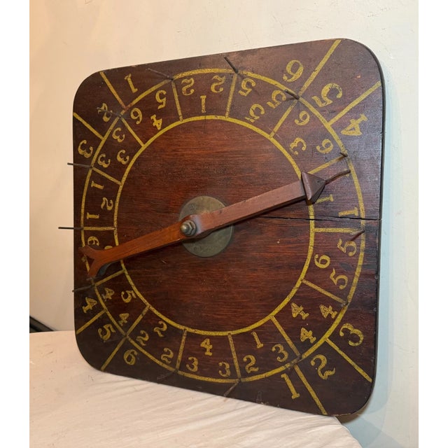 Art Deco Rare Antique Hand Made Painted Wood Brass Carnival Gambling Number Wheel Game For Sale - Image 3 of 12