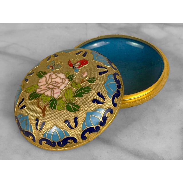 Chinese Vintage Chinese Cloisonne Brass & Enamel Round Storage Box For Sale - Image 3 of 7