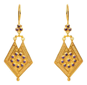 Vintage Style Gold & Amethyst Design Dangle Earrings, 2 Pieces