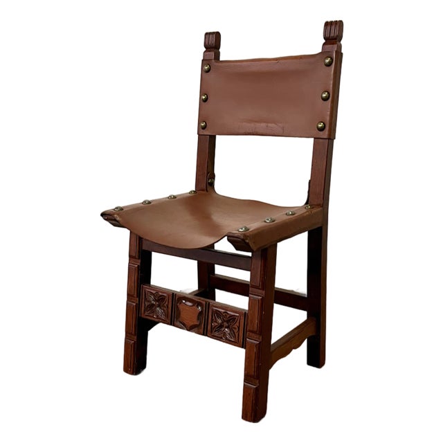 Spanish Chair in Leather and Carved Wood, 1950s For Sale