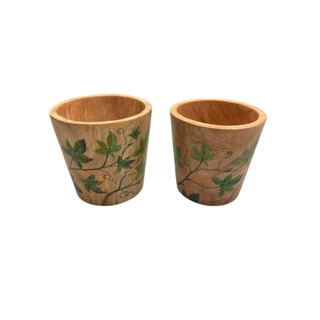 A Pair of Vintage Hand-Painted Ivy Teak Wood Cache Pots For Sale In West Palm - Image 6 of 12