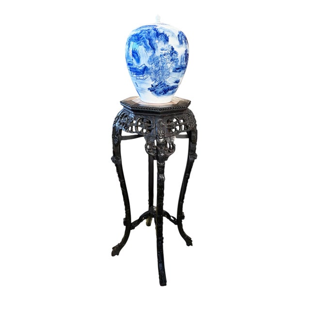 Chinese 19th Century Chinese Rosewood Carved Tall Pedestal Stand Table Marble Top35.5" H For Sale - Image 3 of 9