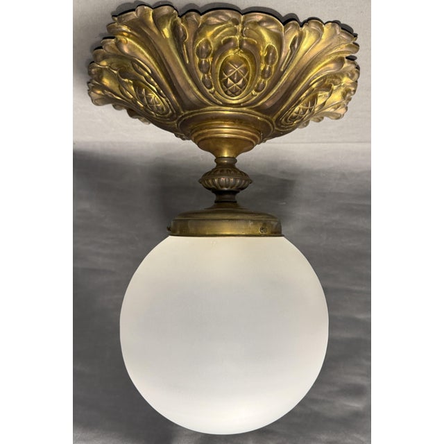 Art Nouveau Brass and Glass Globe Ceiling Lamp, Paris, France, 1910s For Sale - Image 6 of 9