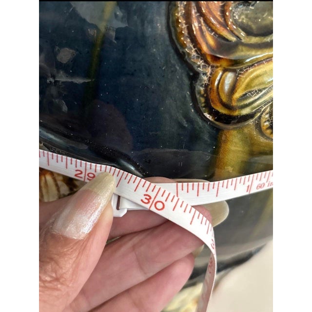 Blue Antique Cobalt Blue Sancai Glaze Style Urn 1970’s Reproduction Vase Majolica Pottery 11" High X 10" For Sale - Image 8 of 12