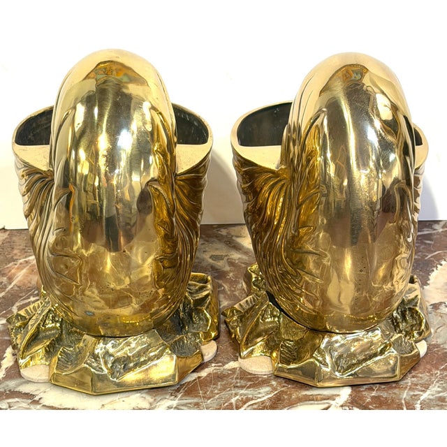 Large Pair Polished Brass Nautilus Shell Vase by Sarreid, Spain, Circa 1970s For Sale - Image 4 of 10