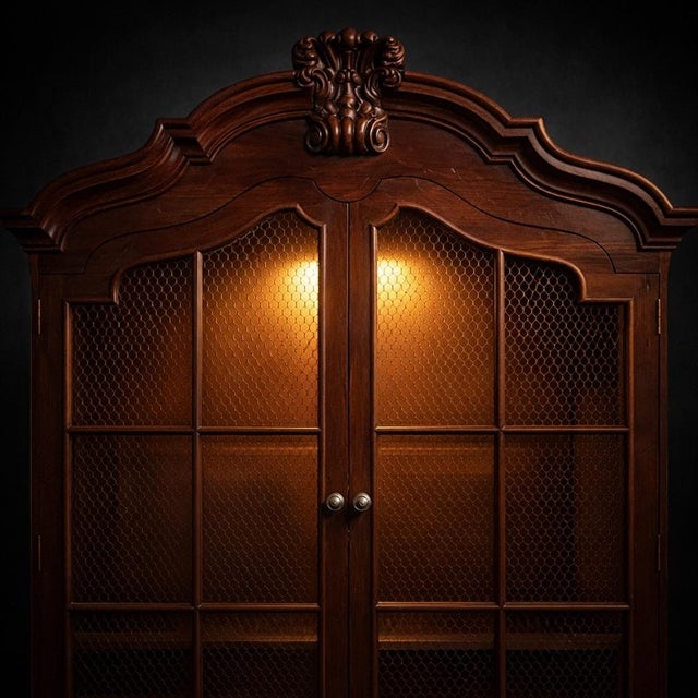 Rococo Vintage Henredon Architectural Secretary Desk With Brass Mesh Doors & Bombe Drawers – Rich Dark Walnut Finish For Sale - Image 3 of 8