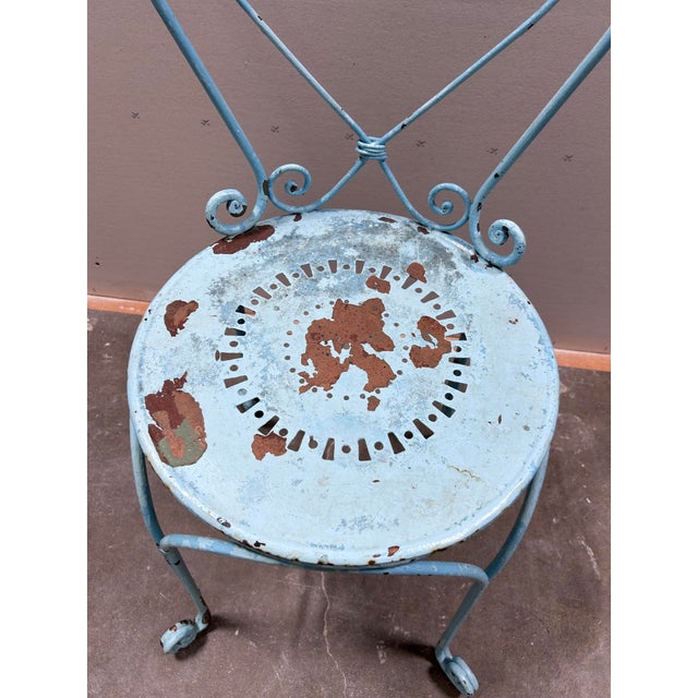 French Antique French Wrought Iron Heart-Back Bistro Chairs, Pair, Original Chippy Blue Paint For Sale - Image 3 of 10