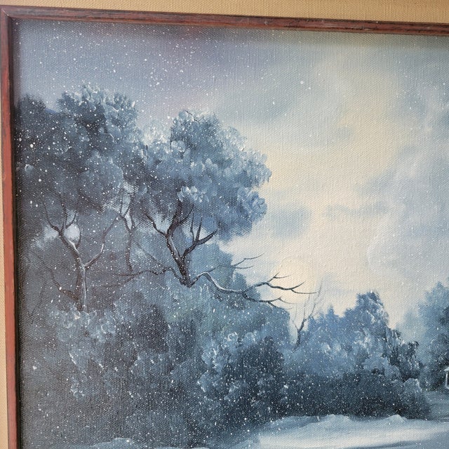 VTG Oil Painting 25"x21" Canvas Snow Cabin Stream Trees Water SGN Bd Pollard '93 For Sale - Image 6 of 18